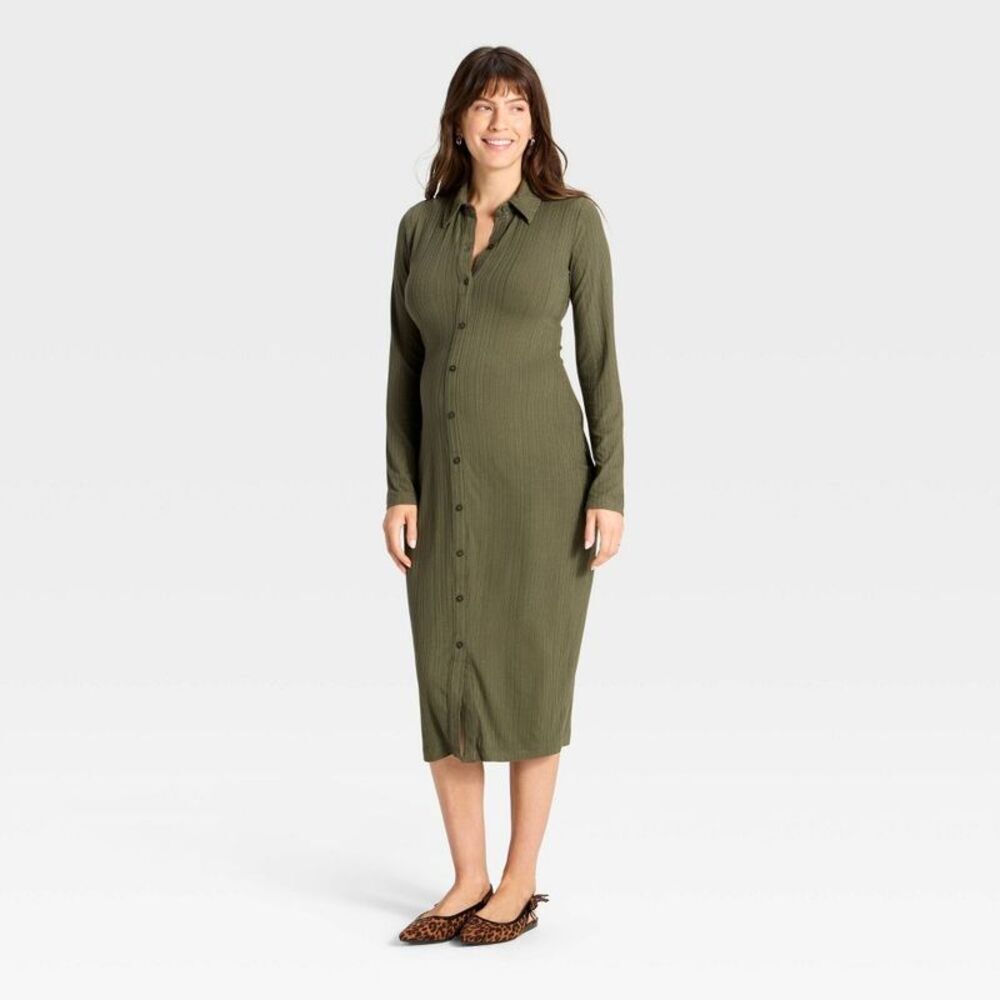 Long Sleeve Ribbed Midi Maternity A-Line Dress - Green XL